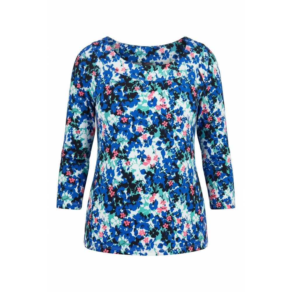 Rafaella Blue Floral Boat Neck 3/4 Sleeve Cotton Top Womens XL